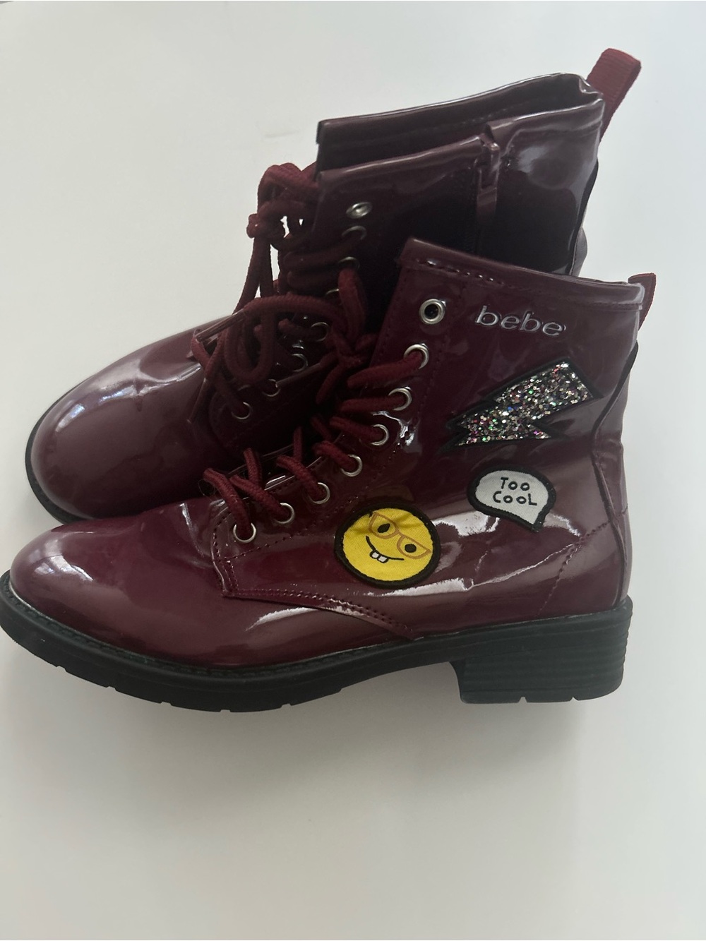 bebe Burgundy Patent Lace-Up Kids Boots with Emoji Patch